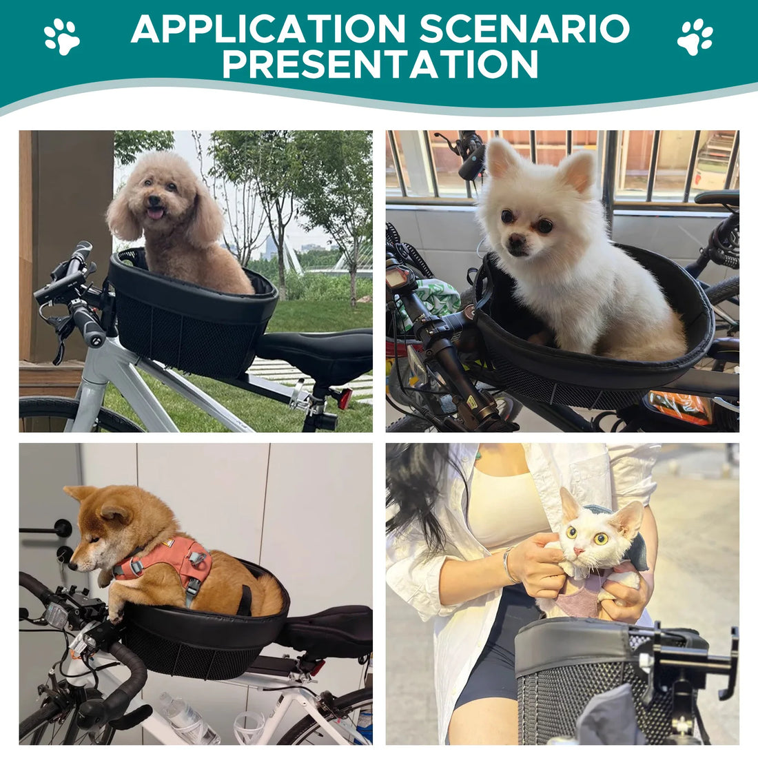 Dog Bike Basket – Portable Front Mount Pet Carrier for Bike with Sponge Liner & Safety Strap for Small Dogs & Cats