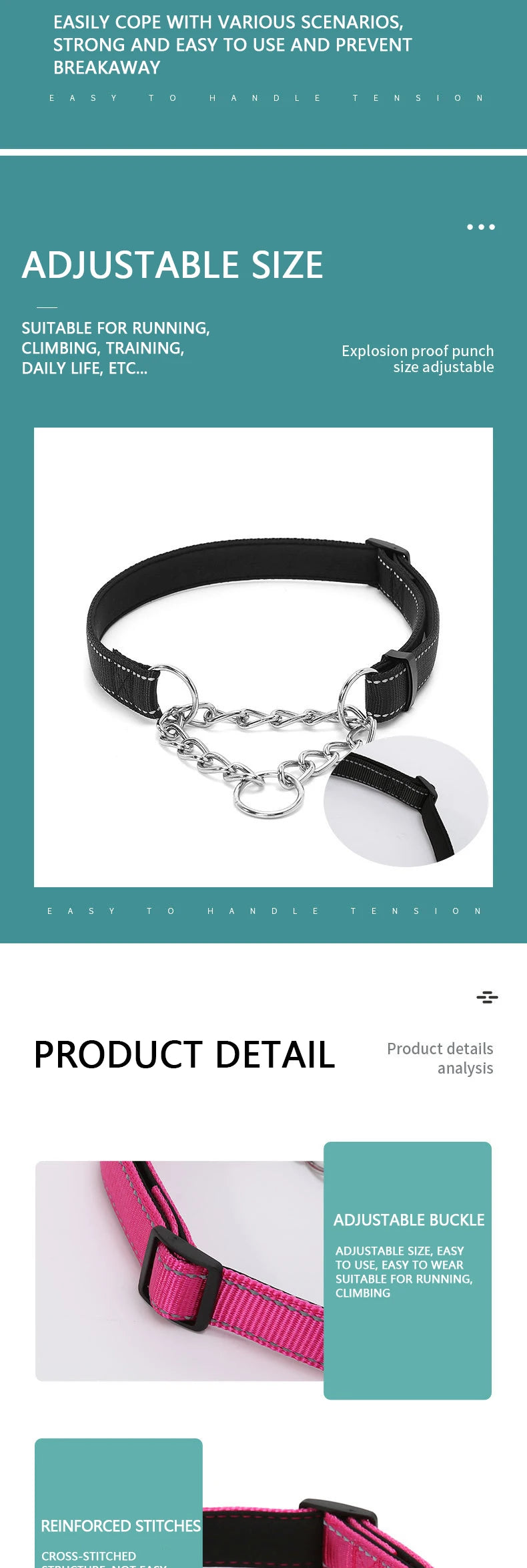 Stainless Steel Chain Martingale Collar – Reflective Pet Collar for Dogs