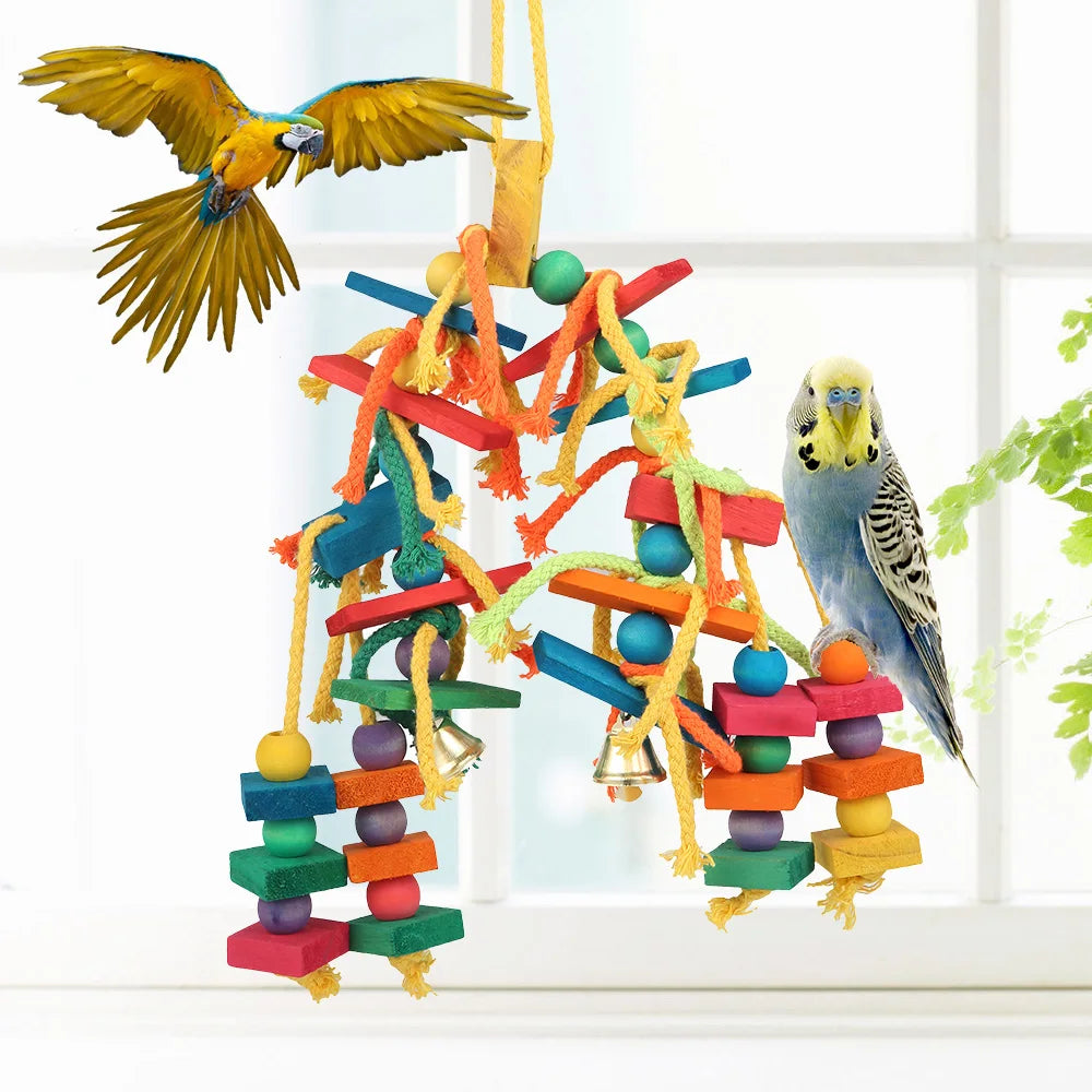 Wood & Cotton Rope Parrot Toy – Bite-Resistant Cage Toy for Birds