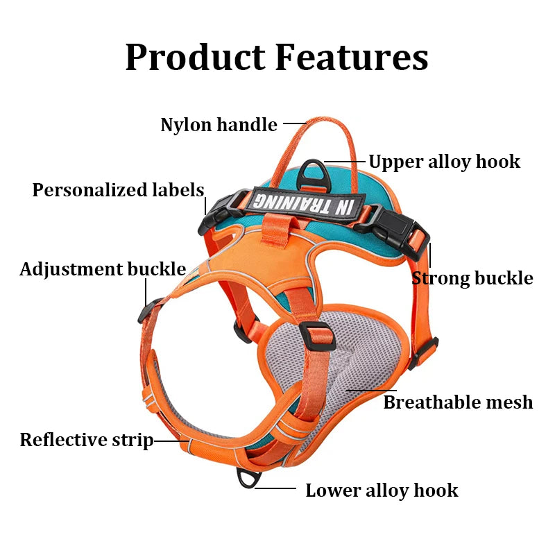 🐾 Personalized Nylon Adjustable Dog Harness – Reflective, Breathable Vest with Leash for Small, Medium & Large Dogs