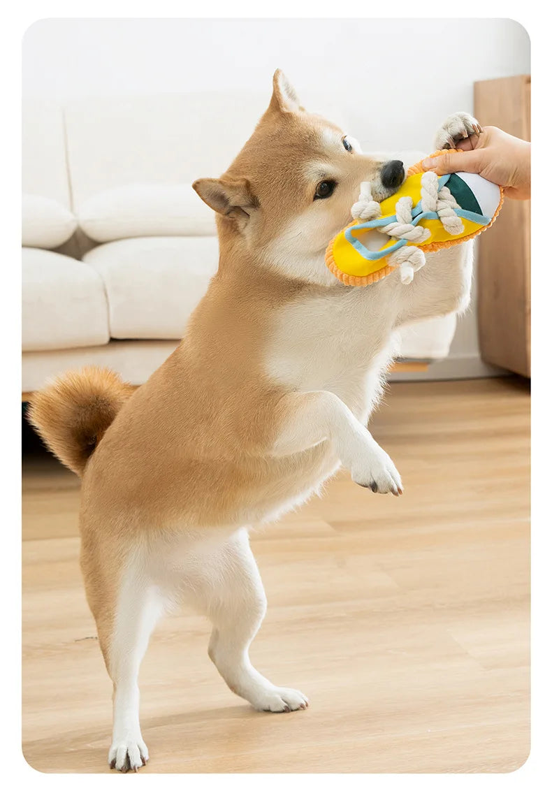 Dog Slippers Shape Squeaky Chew Toy with Cotton Rope – Bite Resistant & Teeth Grinding Pet Toy
