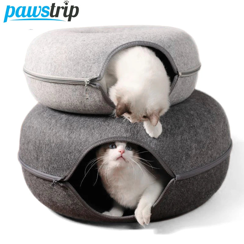 Donut Cat Bed Tunnel for 2 Cats – Interactive Felt Cat Nest & Play House with Toys