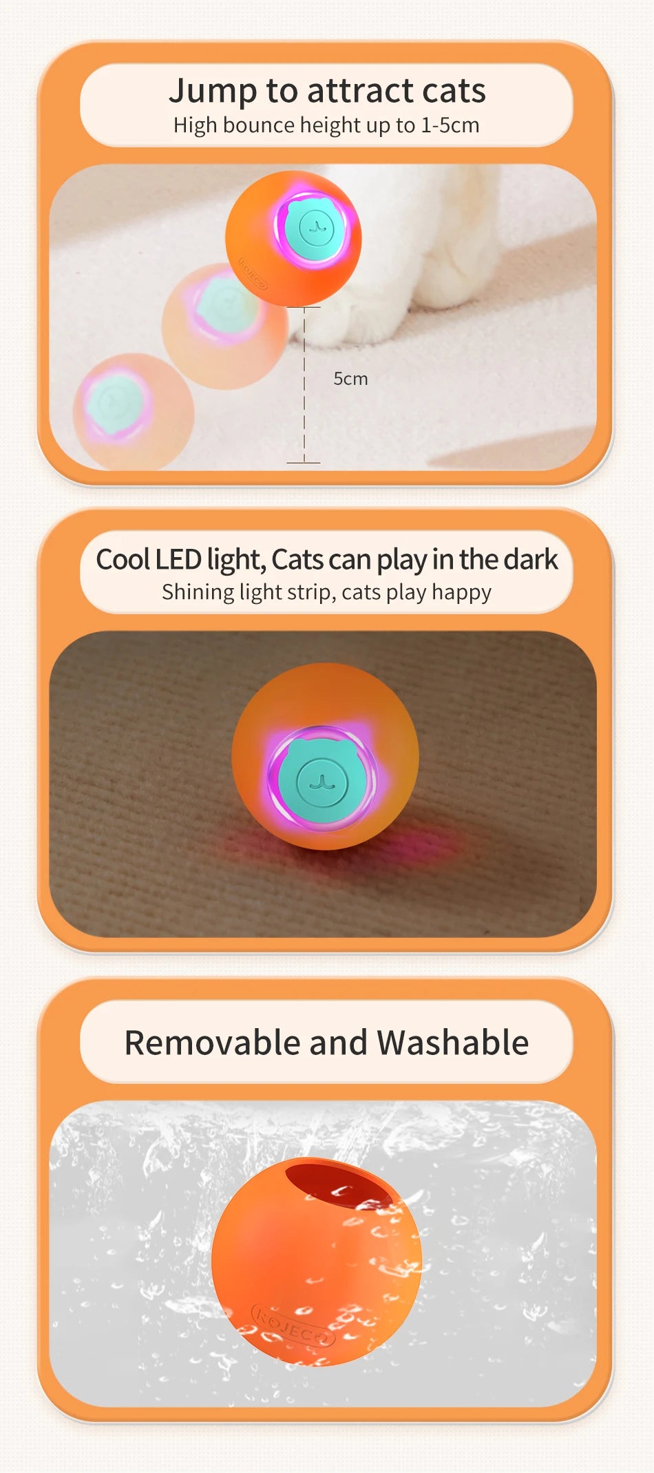 🐾 ROJECO Smart Interactive Cat Bouncing Ball – Self-Moving Electric Pet Toy for Cats & Dogs