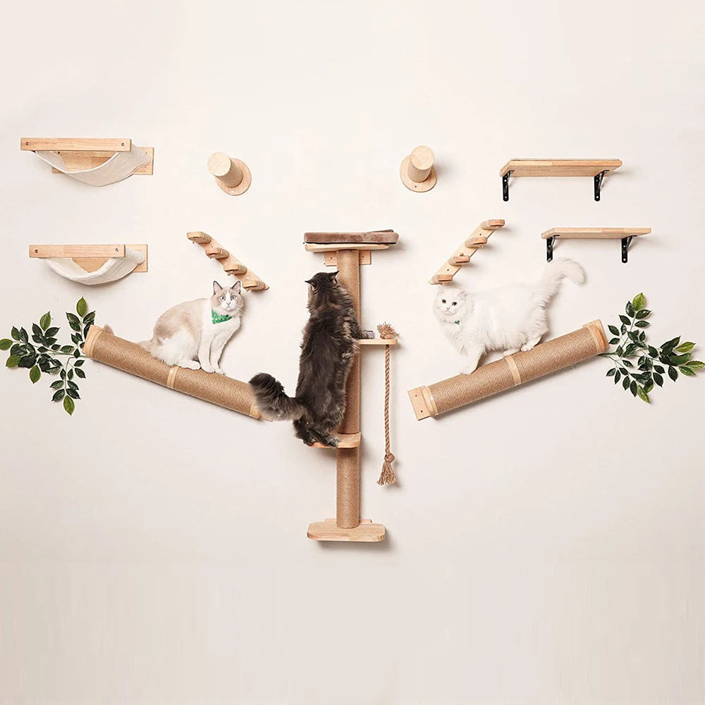 🐾 Wall-Mounted Cat Scratching Post – Wooden Kitten Tree with Thick Columns for Large Cats