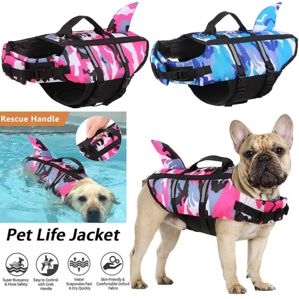 🦈 Camouflage Dog Life Jacket – Shark Style Safety Vest for Swimming (Blue, Fuchsia)