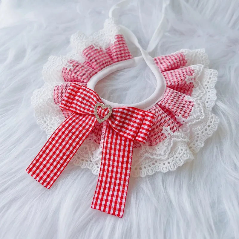 Plaid Dog Bow Bib & Bandana 🐾 Lace Collar Scarf for Pets