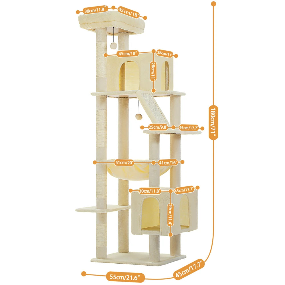 🛋️ 180cm Large Cat Tree Tower – Multi-Level Indoor Cat Furniture with Hammock, Sisal Scratching Posts & Cozy Perches