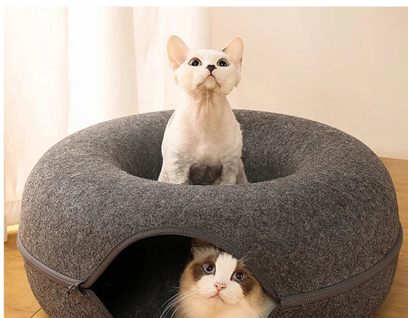 Donut Cat Bed Tunnel for 2 Cats – Interactive Felt Cat Nest & Play House with Toys