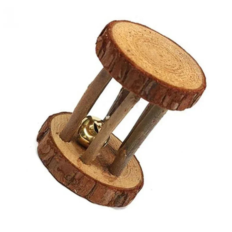 Wooden Rabbit Roller Toy – Natural Chew Dumbbell with Bell for Small Pets