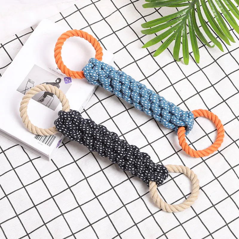 Double-Ring Chewable Cotton Knot Dog Toy – Durable Braided Rope for Teething & Dental Cleaning