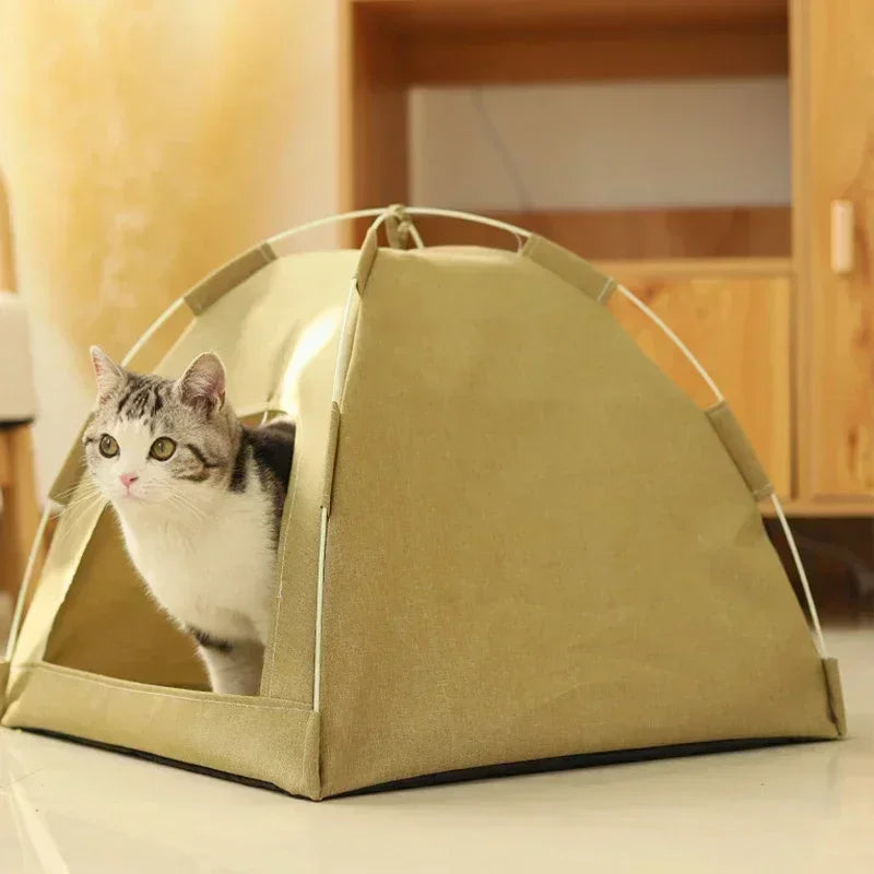 Pet Tent Bed – Removable Canvas Cat Sofa, Semi-Enclosed Cat House & Dog Cave Hut