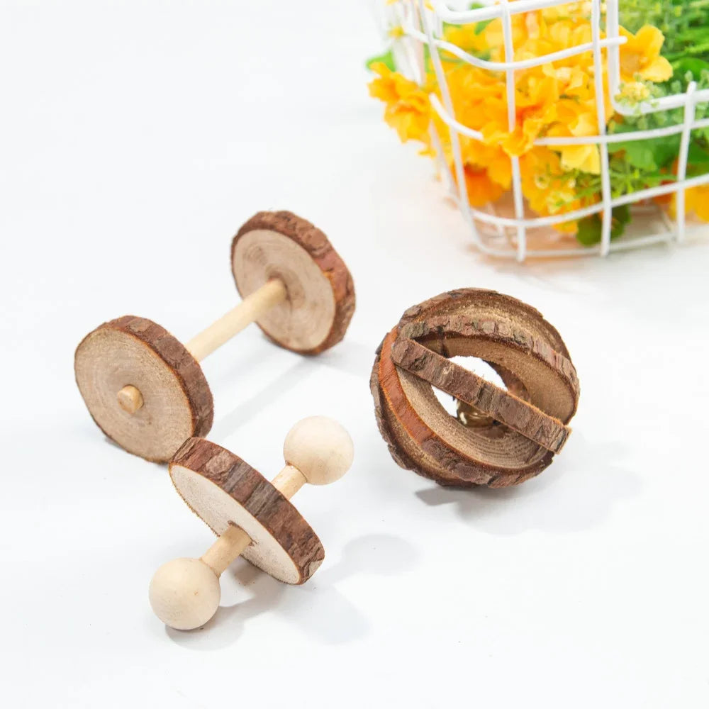 Wooden Rabbit Roller Toy – Natural Chew Dumbbell with Bell for Small Pets