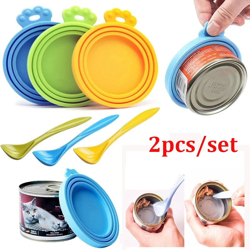 2pcs Reusable Pet Food Can Covers with Spoon – Silicone Lid Seal 🐾🥫