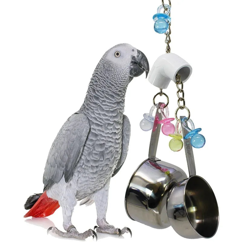 Pet Bird Parrot Toy – 4 Stainless Steel Pots with Acrylic String | Cage Chewing & Foraging Toy for Birds