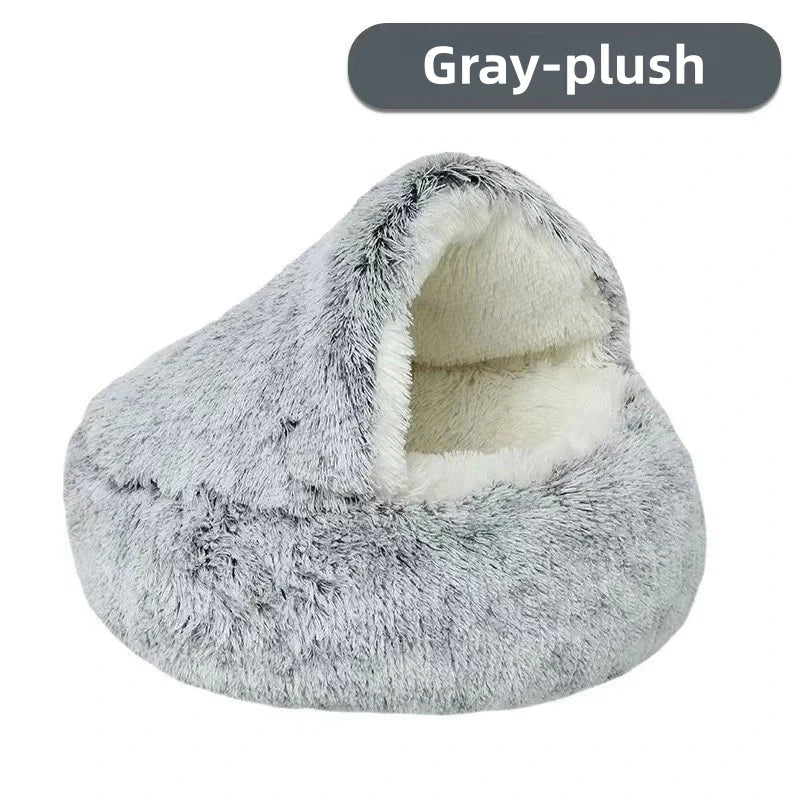 Autumn & Winter Plush Pet Bed – Semi-Enclosed Shell Cat Nest for Cozy Warmth