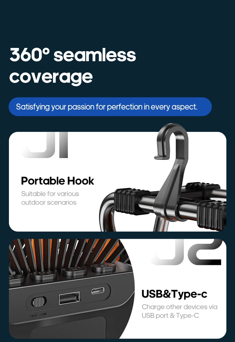 6-in-1 Outdoor Camping Fan – 20000mAh Rechargeable Ceiling & Desktop Fan with LED Light, Hook & Wireless Operation