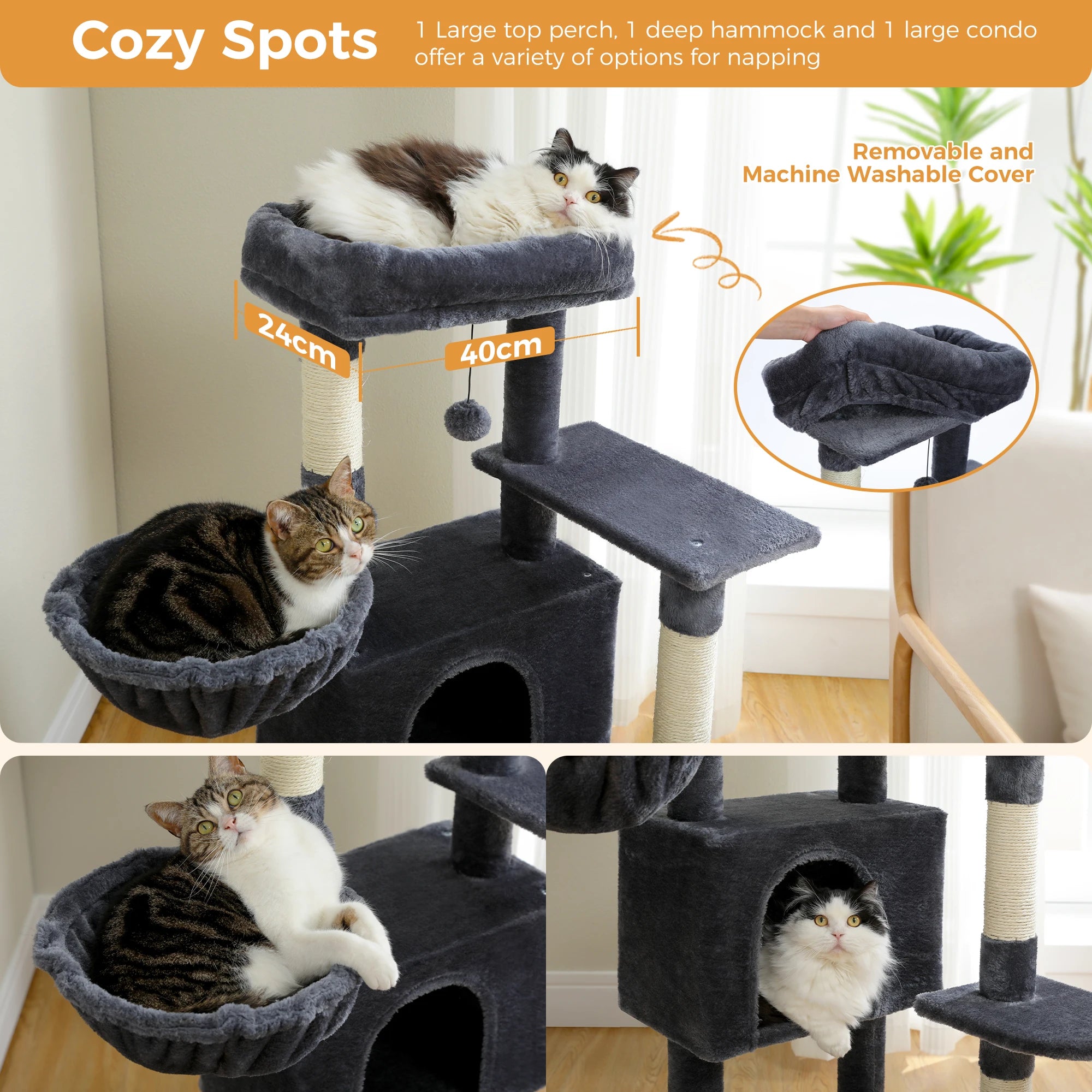 🐾 Cat Tree Tower Condo – Plush Perch, Hammock & Sisal Scratching Posts