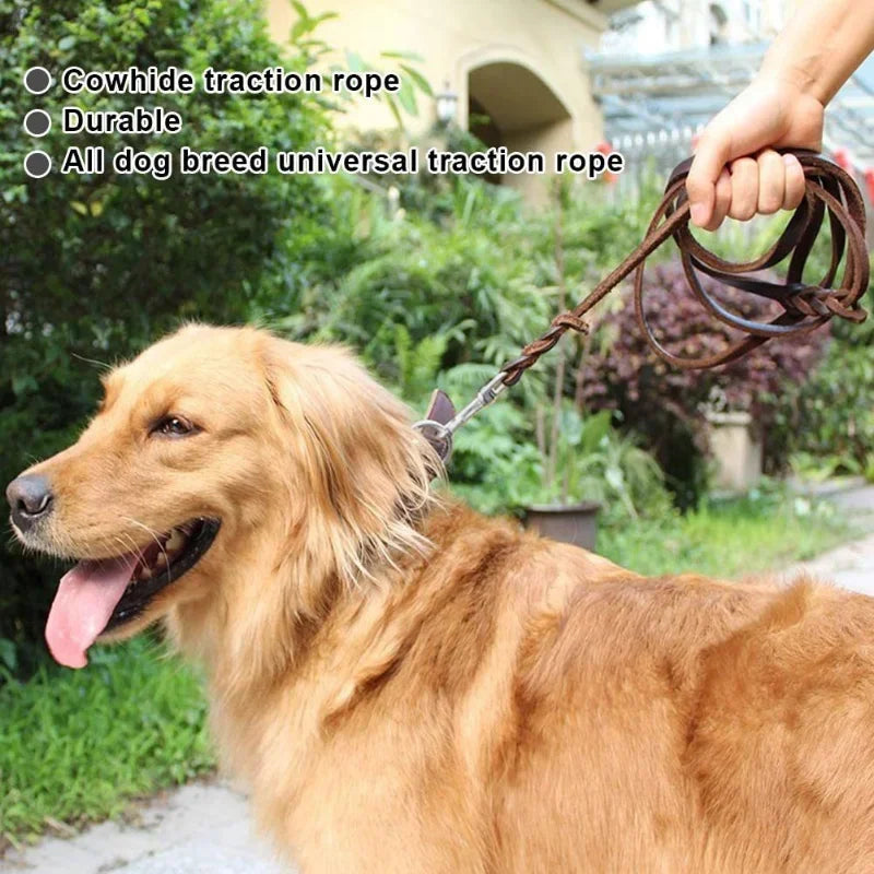 Genuine Leather Dog Leash – Braided Long Training Lead for Medium & Large Dogs