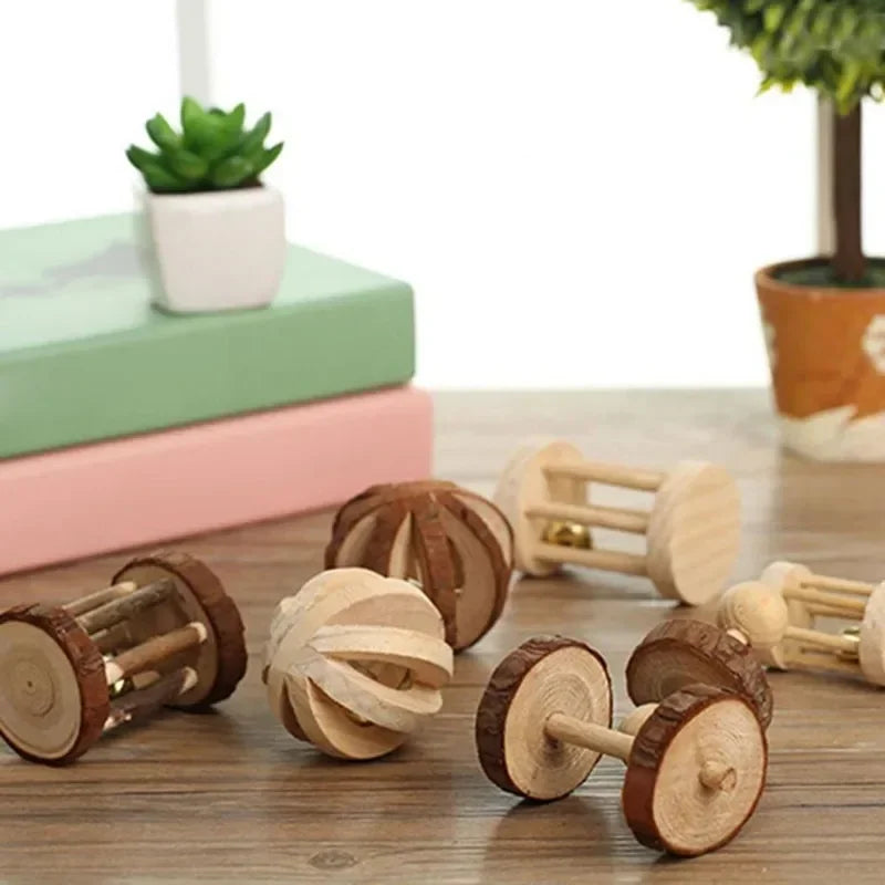 Wooden Rabbit Roller Toy – Natural Chew Dumbbell with Bell for Small Pets