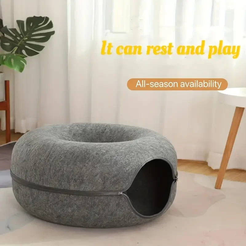 Felt Tunnel Cat Nest with Window – Round Donut Cat Bed, Detachable & Washable All-Season Pet Nest