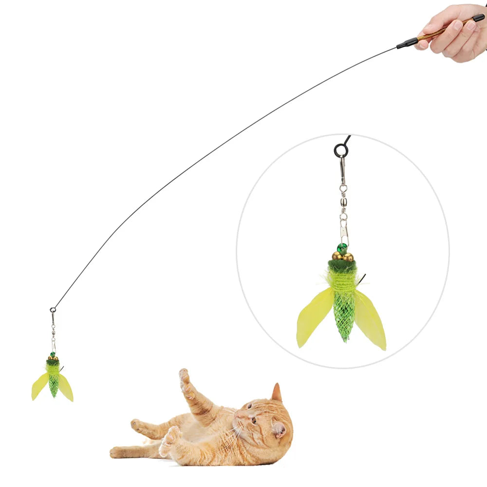 5pcs Simulation Insect & Goldfish Cat Teaser Sticks – Long Tail Training Pet Toy