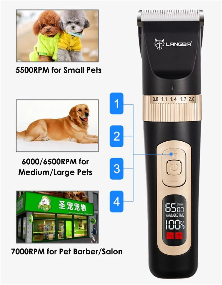 LANGBA USB Rechargeable Pet Hair Trimmer – LCD Display Grooming Clippers for Dogs &