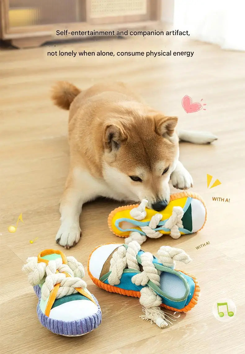 Dog Slippers Shape Squeaky Chew Toy with Cotton Rope – Bite Resistant & Teeth Grinding Pet Toy