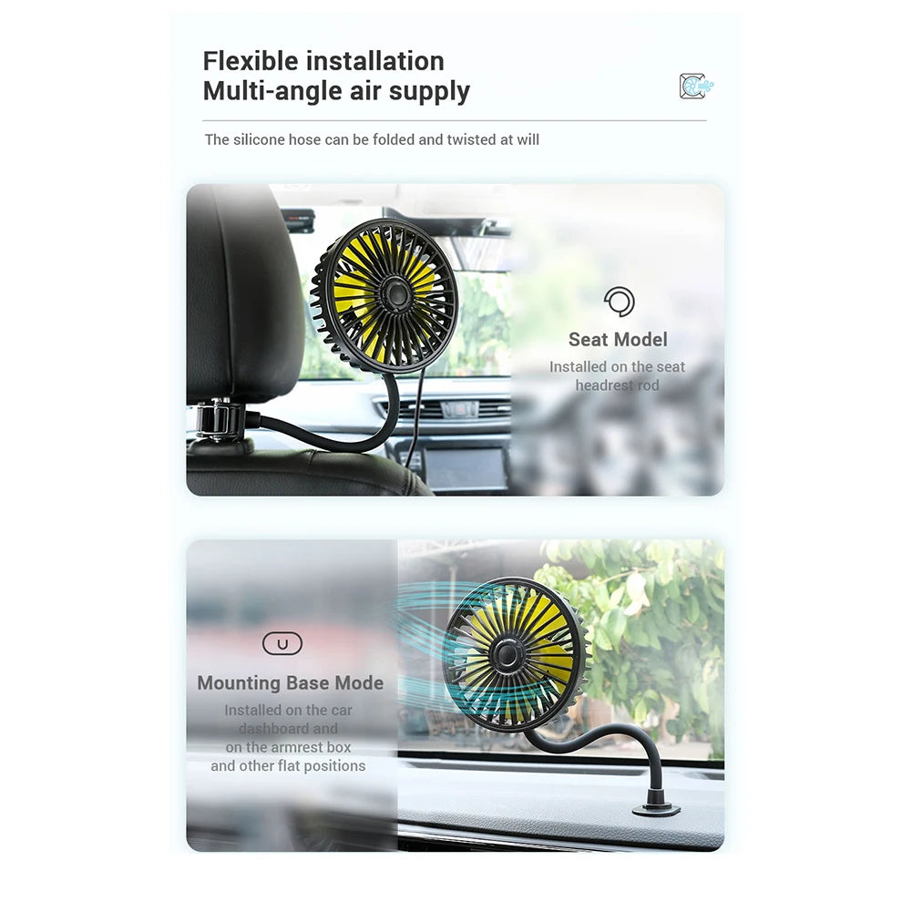 Car Air Cooling Fan – USB Powered Back Seat Fan with 3-Speed Wind Adjustment & 5 ABS Fan Blades