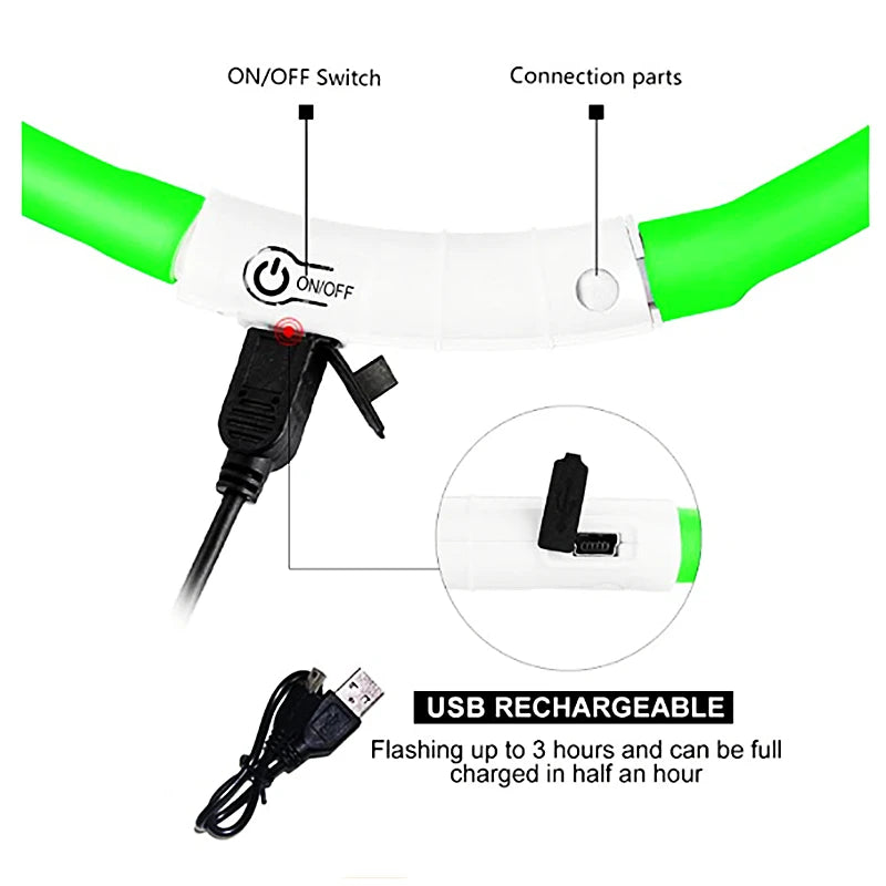 USB Rechargeable LED Glowing Pet Collar – Adjustable Night Light Safety Collar for Dogs & Cats