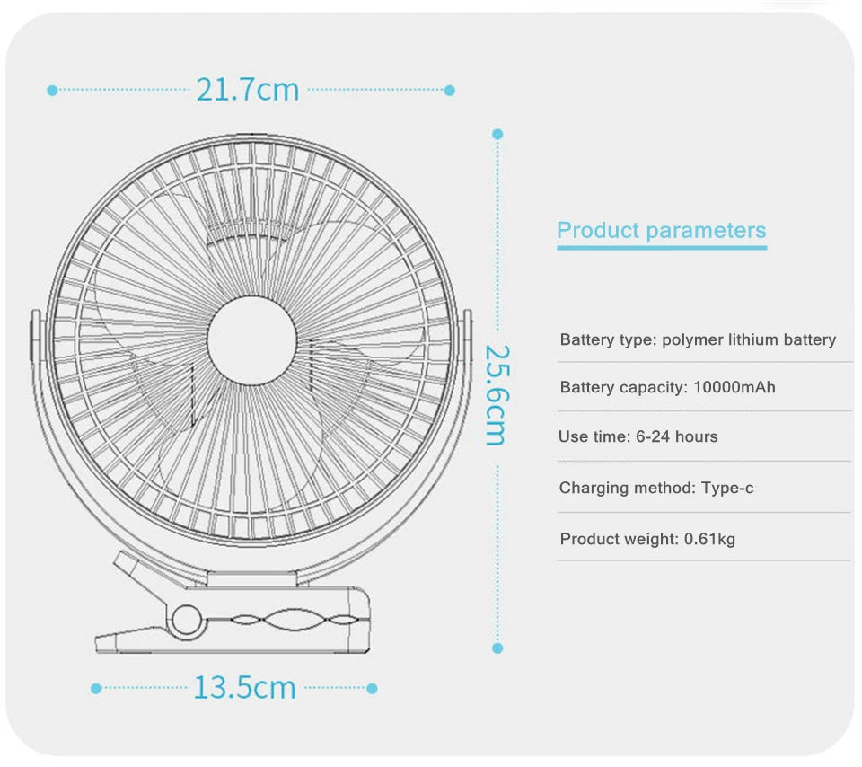USB Charging Table & Clip Fan – 10,000mAh Battery, 4-Speed Portable Wireless Electric Ceiling Fan for Home, Travel, Outdoor Use