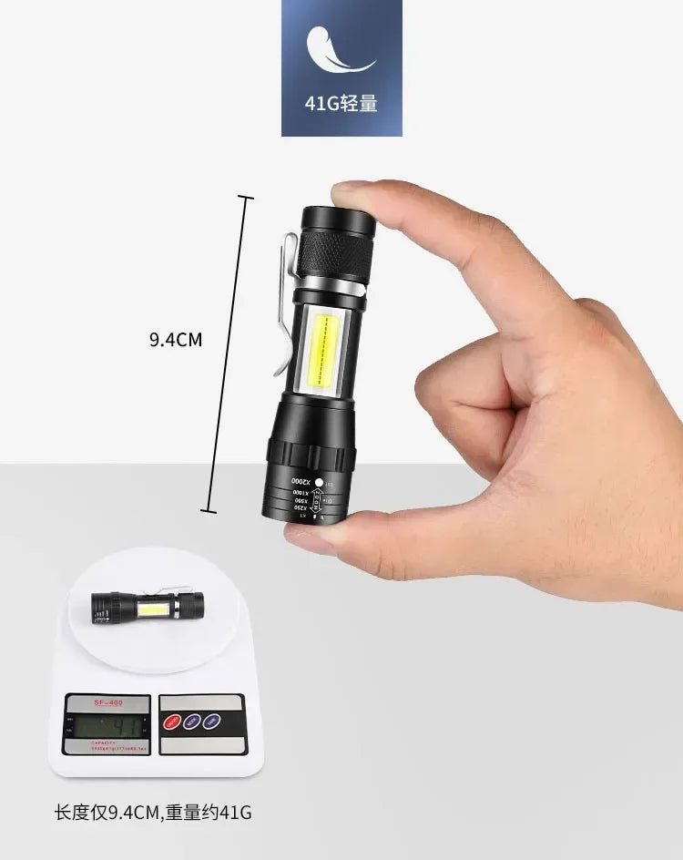 🔦 USB Rechargeable Mini Flashlight – COB+XPE Zoomable Torch with 3 Modes