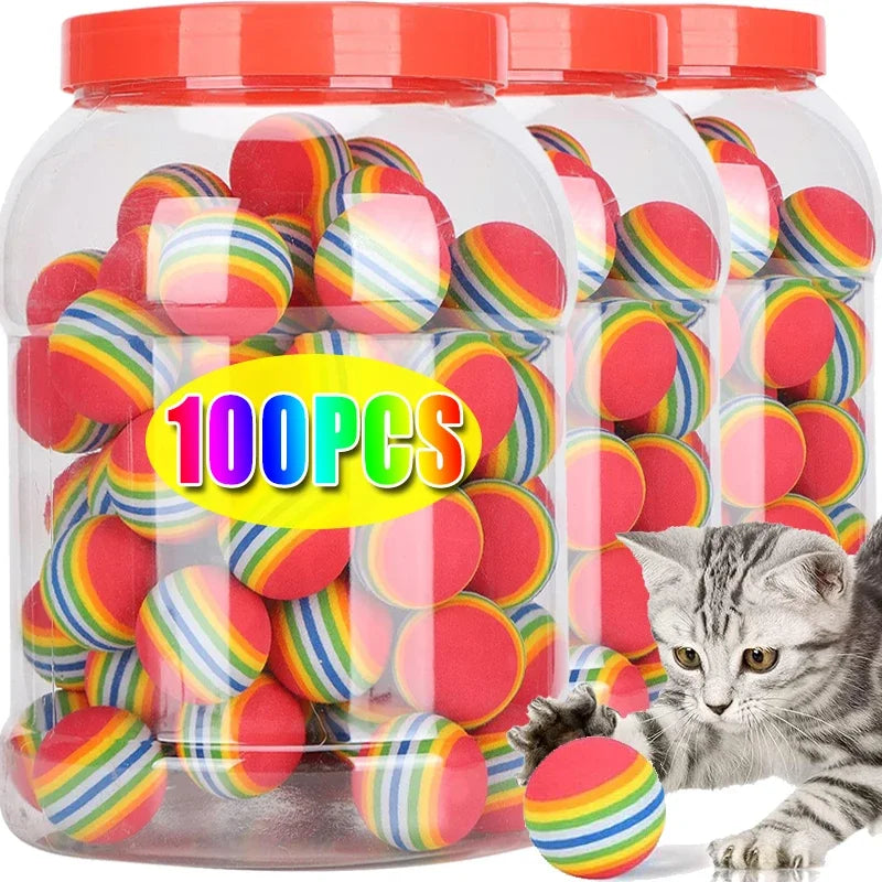 10/100PCS Rainbow EVA Pet Toy Balls – Interactive Jumping Cat & Dog Training Balls