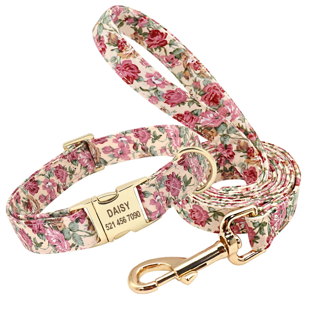 Personalized Floral Dog Collar & Leash Set – Custom Engraved Pet ID