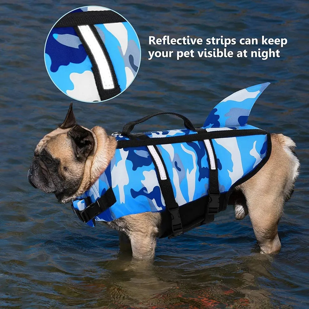 🦈 Camouflage Dog Life Jacket – Shark Style Safety Vest for Swimming (Blue, Fuchsia)