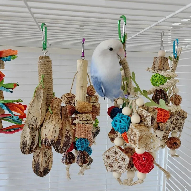 Pet Bird Parrot Toy – 4 Stainless Steel Pots with Acrylic String | Cage Chewing & Foraging Toy for Birds