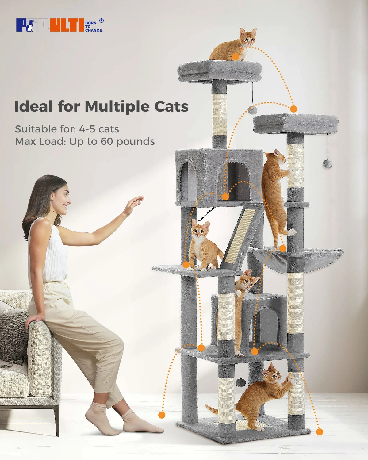 🐾 H180CM Large Cat Tree – Multi-Level Tower with Condos, Perches, Hammock & Sisal Posts