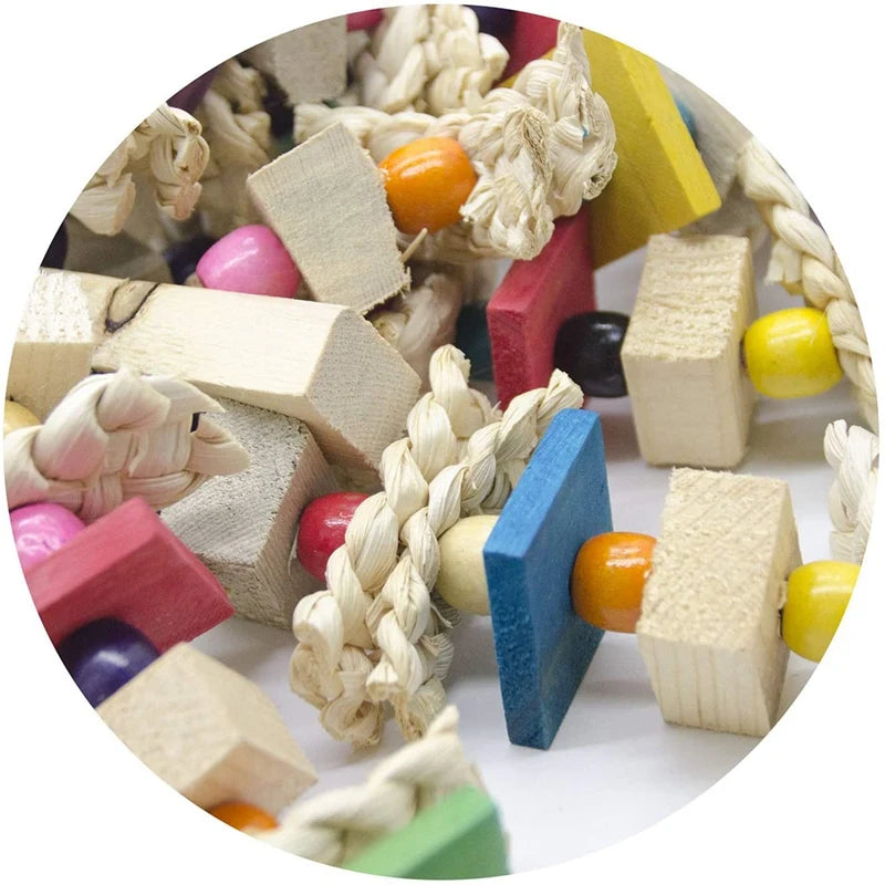Large Parrot Chewing Toy – Bird Cage Bite Toy for African Grey, Macaws, Cockatoos | Colorful Wooden Blocks with Knots
