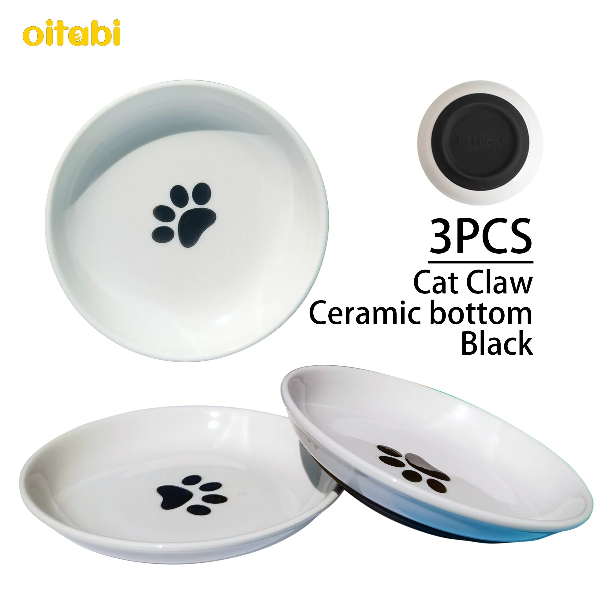 🐾 Oitabi 3PCS No-Spill Cat Bowl Set – Shallow Ceramic Dishes for Cats & Kittens