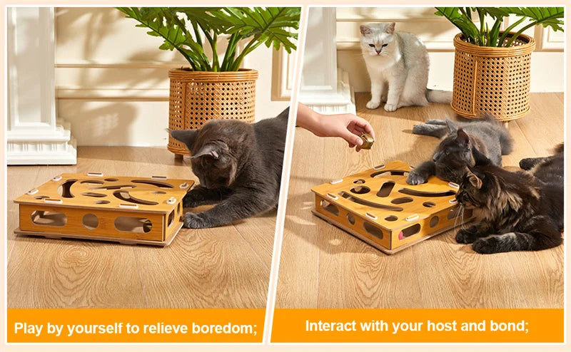 Interactive Wooden Cat Puzzle Box – Treat Maze & Hide and Seek Agility Toy