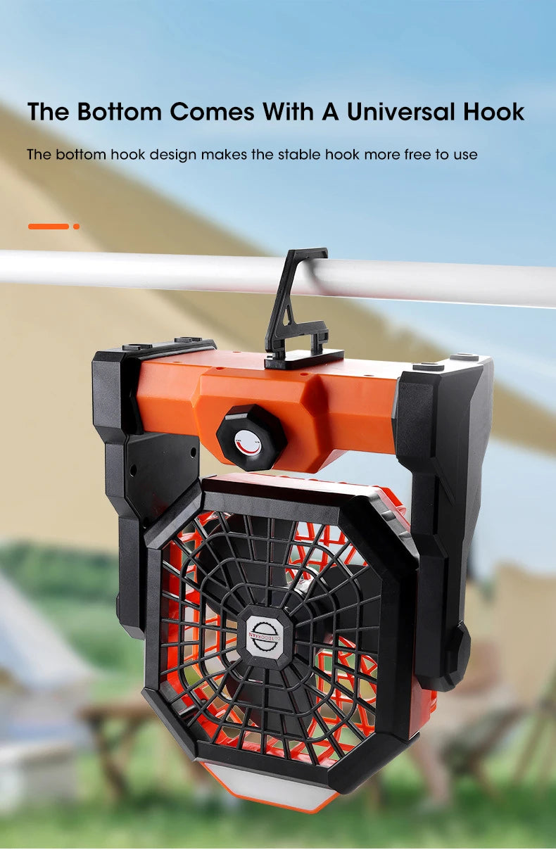 2024 Rechargeable Camping Fan with LED Light – 7800mAh Battery, Hook & Desk Mount for Tent, Car, or Outdoor Trips