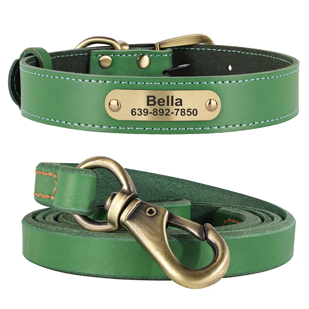 Personalized Leather Dog Collar & Leash Set – Engraved ID for Small to Large Dogs