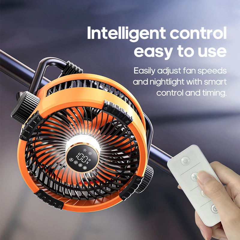 6-in-1 Outdoor Camping Fan – 20000mAh Rechargeable Ceiling & Desktop Fan with LED Light, Hook & Wireless Operation