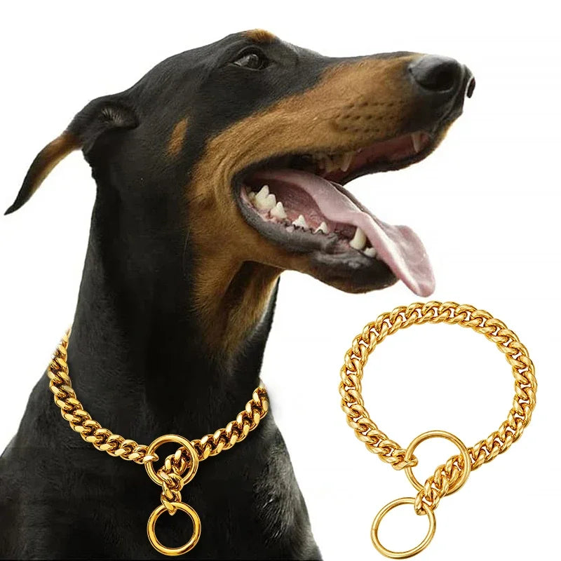 🐕 Heavy-Duty Gold Chain Dog Choke Collar – 10mm Gold-Plated Stainless Steel