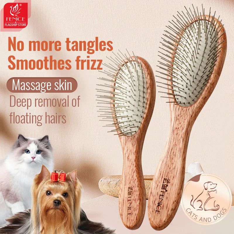 Fenice Wooden Handle Pet Comb – Professional Dog & Cat Grooming Hair Remover Brush