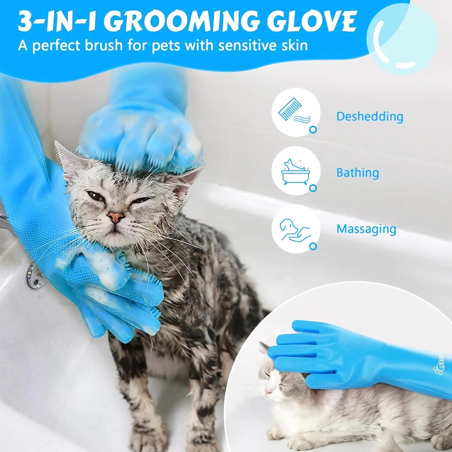 Pet Grooming Gloves for Dogs & Cats – Silicone Bathing, Hair Removal & Cleaning Gloves with Skin Protection