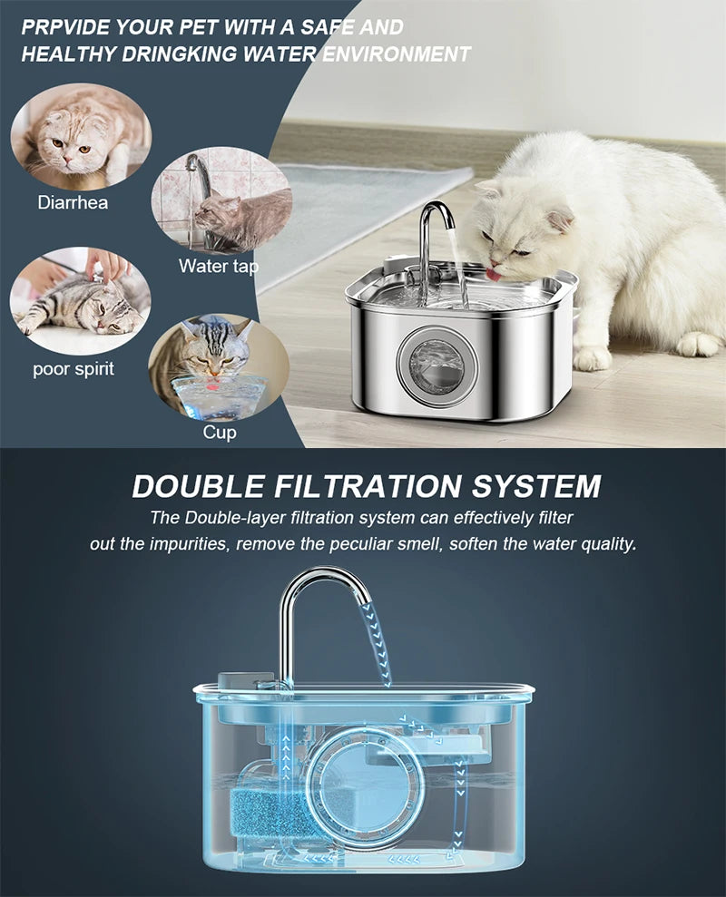 🐾 3.2L 304 Stainless Steel Pet Water Fountain – Super Quiet Automatic Cat Drinking Fountain