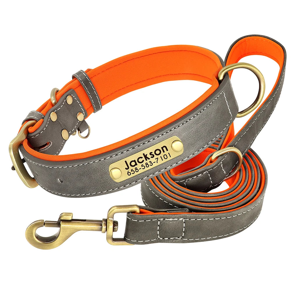 Custom Leather Dog Collar & Leash Set – Soft Padded with Engraved Nameplate