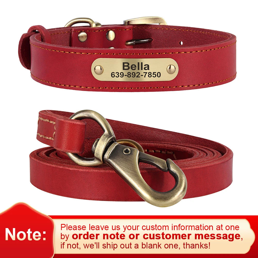 Personalized Leather Dog Collar & Leash Set – Engraved ID for Small to Large Dogs