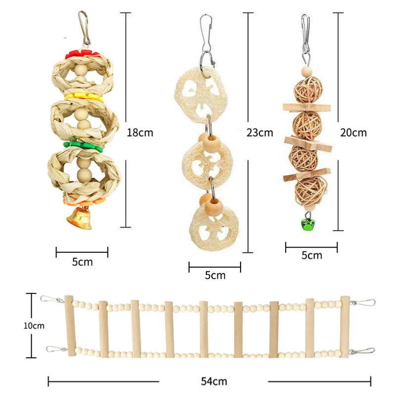 8Pcs Parrot Bird Toys Set – Natural Wood Swing, Perch, and Climbing Toys for Training and Enrichment