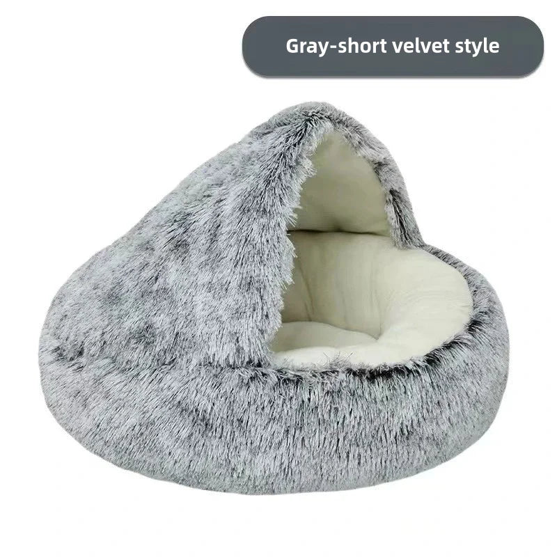 Autumn & Winter Plush Pet Bed – Semi-Enclosed Shell Cat Nest for Cozy Warmth